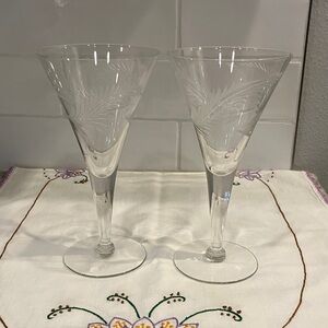 2 Vintage Etched Clear Crystal Wine Glass Set